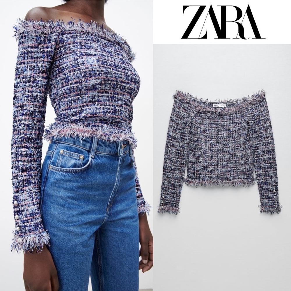 NWT Zara tweed frayed textured top S